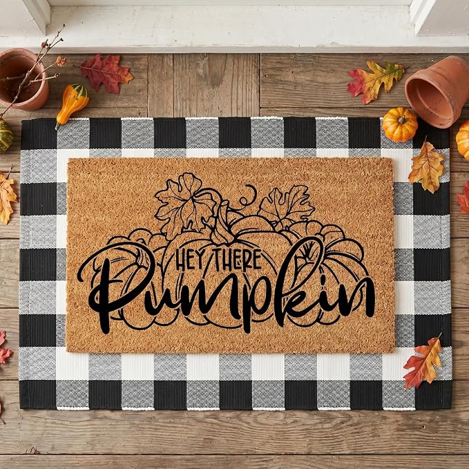 Moucuny 2 Pcs Fall Coir Welcome Doormat Outdoor 16'' x 28'' Hey There Pumpkin Coir Welcome Mat Layered 24'' x 35'' Black and White Plaid Rug Set for Fall Autumn Front Porch Entryway Entrance Decor