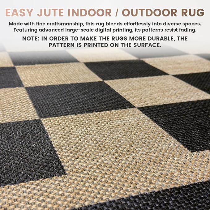 Washable Checkered Easy Jute Rug, 8x10 Black Checkerboard Boho Geometric Outdoor Indoor Patio Large Area Rug, Low Pile Lightweight Non Slip Carpet Mat for Living Dining Room Bedroom Classroom Backyard