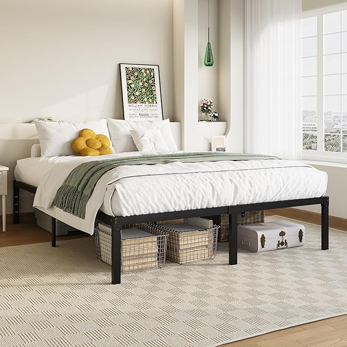 Allewie Queen Bed Frame, 14 inch Metal Beds with Storage Space, Black | Heavy-Duty Metal Platform Beds, Large Under-Bed Storage Space, No Box Spring Needed, Easy Assembly