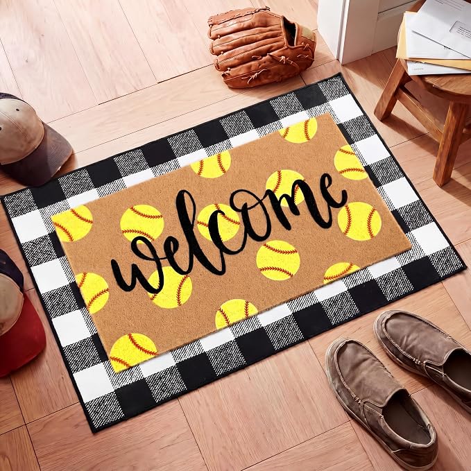 Tinideya 2 Pcs Softball Door Mat Welcome Non Slip Coir Mats Floor Layering Black and White Buffalo Plaid Doormats Seasonal for Front Porch Entryway Decor (23.6 x 35.4 Inches,Softball,Black, Brown)