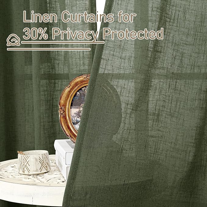 LAMIT Light Filtering Linen Curtains 63 inches Long for Bedroom, Linen Textured Semi Sheer Back Tab and Rod Pocket Olive Green Boho Christmas Drapes for Living Room, 2 Panels, 60 x 63 Inch