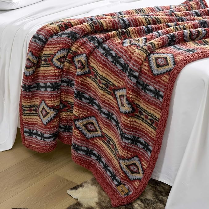 Wrangler - Reversible Throw Blanket, 50 x 60, Printed Sherpa Fleece Blanket for Bed & Couch, Cozy Decorative Throw, Anguston Red
