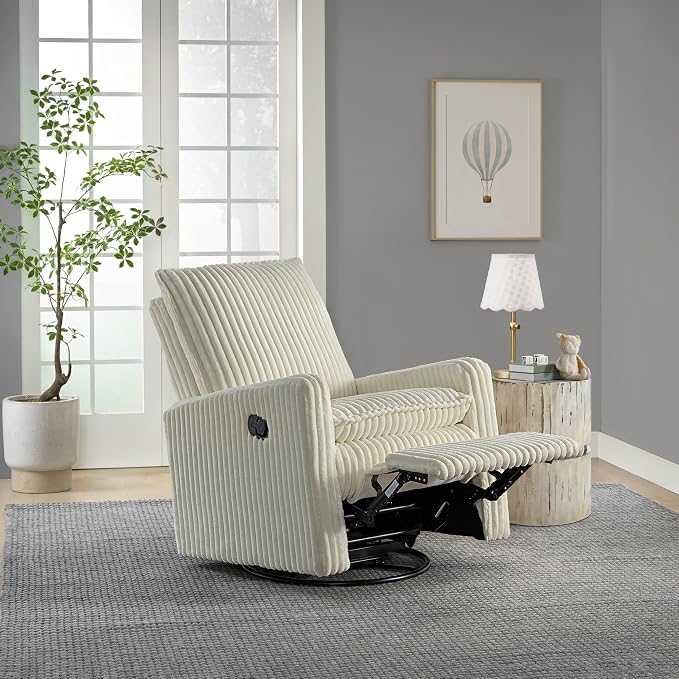 Oxford Baby Uptown Upholstered Glider Recliner Rocking Chair 360° Swivel for Nursery and Living Room - Corduroy Pearl White, Green Guard Gold Certified