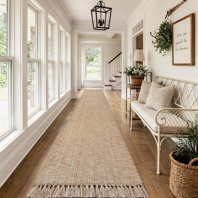 Collive Boho 18 ft Long Runner Rug for Hallway, Washable Kitchen Runner Rug, Cotton Hand-Woven Farmhouse Entry Hall Carpet, Tan Braided Reversible Carpets for Bedside