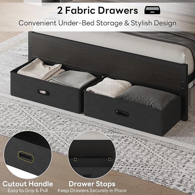 LIKIMIO Full Size Bed Frame with 2 Storage Drawers, Upholstered Headboard | Full Platform Bed Frame with Charging Station & LED Lights, Modern Style, Noise Free, No Box Spring Needed, Black and Grey