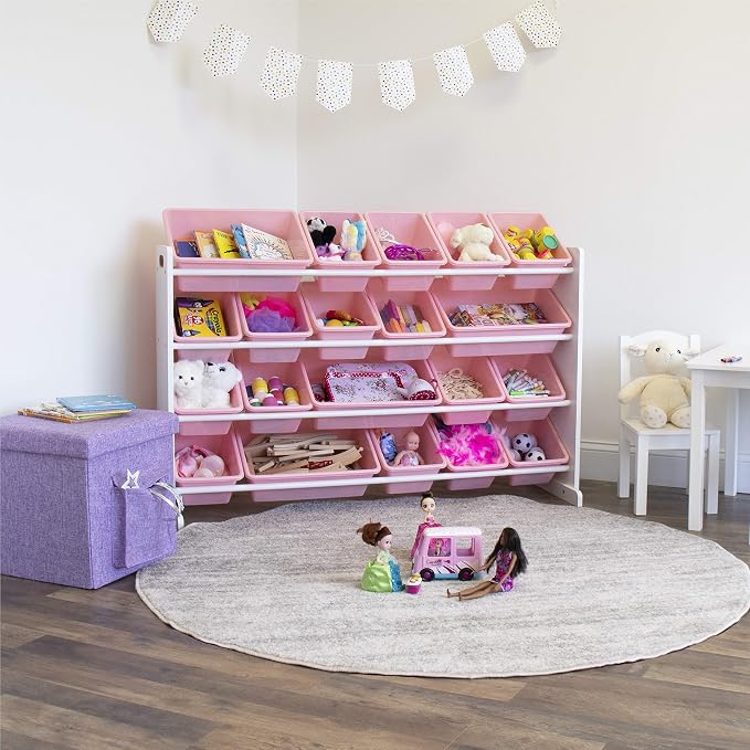 Humble Crew Toy Storage Organizer with 20 Removable Storage Bins for Kids Playroom, 4-Tier Toddler Toy Organization and Storage, White/Pink