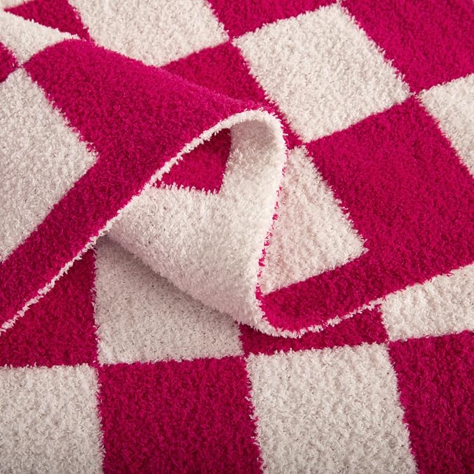 Elegant Comfort Checkered Throw Blanket, Hot Pink Super Soft Cozy Fluffy Warm Throw Blankets for Couch, Sofa, Chair, Bed, Camping, Picnic, Travel Lightweight Bed Blanket (50" x 70")