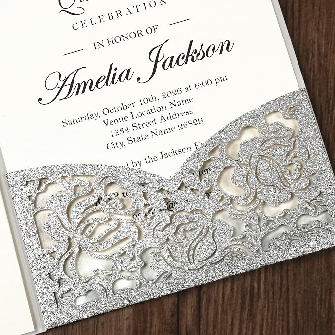 DORIS HOME Laser Cut Quinceanera Invitation Pockets, Silver Glitter, 5"x7" | 50pcs, With Envelopes, For Birthday, Miss 15, Sweet 16, No Inserts Included