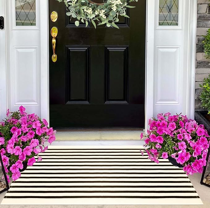 Black and Beige Layered Doormat,2x3 ft Striped Small Outdoor Porch Rug Cotton Woven Washable Farmhouse Layered Door Mats for Entryway/Porch Decor/Kitchen/Home Entrance