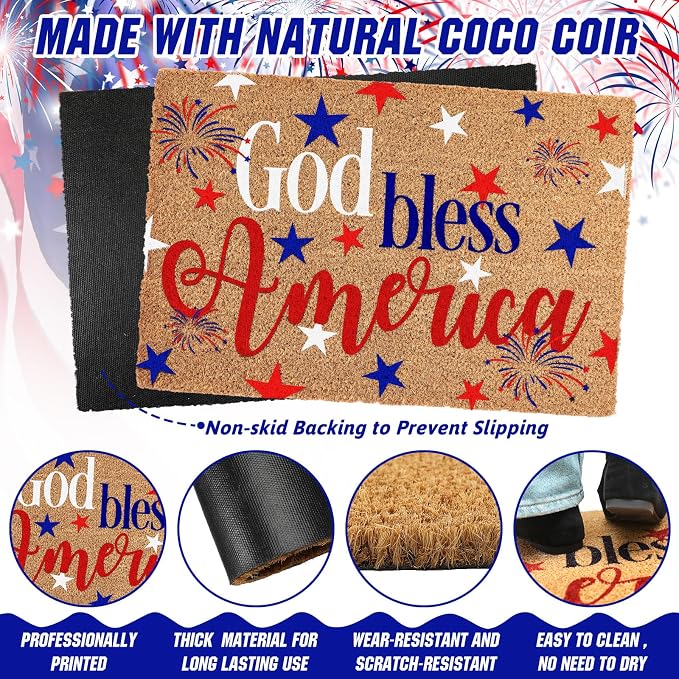 Ceenna 4th of July Patriotic Coir Door Mat Outdoor Red White Blue God Bless American Welcome Rug Patriotic Doormat Non-Slip Entrance Rugs for Independence Day Memorial Day Home Decor 16 x 28 Inch