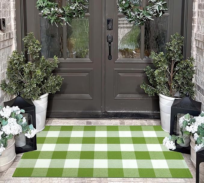 Green and White Outdoor Rug 27.5''X 43.3'' Buffalo Checked Porch Rug Cotton Woven Washable Layering Door Mat for Welcome Door Mat Porch Entryway Bedroom Living Room