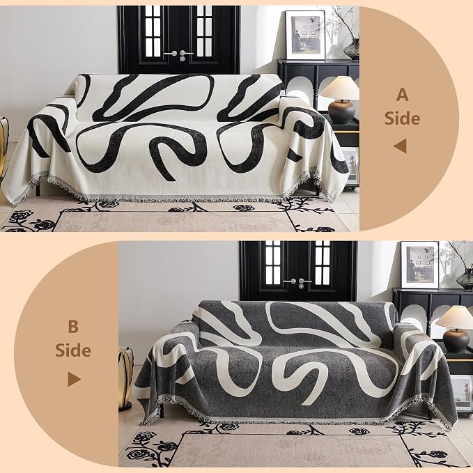 MYSKY HOME Couch Cover for 3 Cushion Couch Sofa Cover, Super Soft Boho Couch Covers for Dogs Washable, Jacquard Sofa Slipcover Furniture Protector for Living Room, 91" x 118", Black Curve