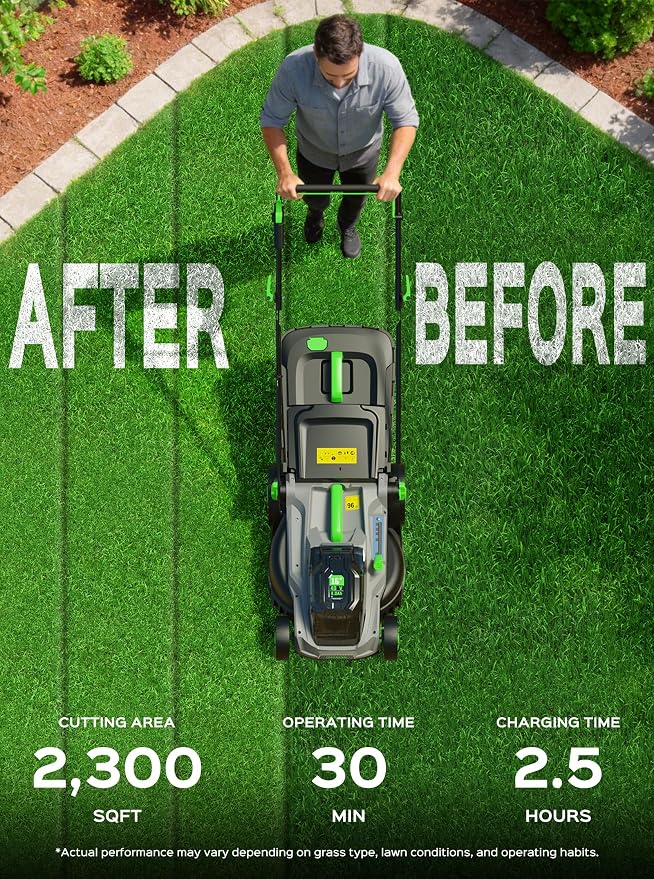 TIECTOWN 40V 16-Inch Brushless Cordless Lawn Mower with 4.0Ah Battery & Charger, 2-in-1 Electric Push Mower, 5-Position Height Adjustment, Lightweight, Compact Storage, for Small Yards - Green | Brushless Motor, 5-Position Height Adjustment, Battery Po...