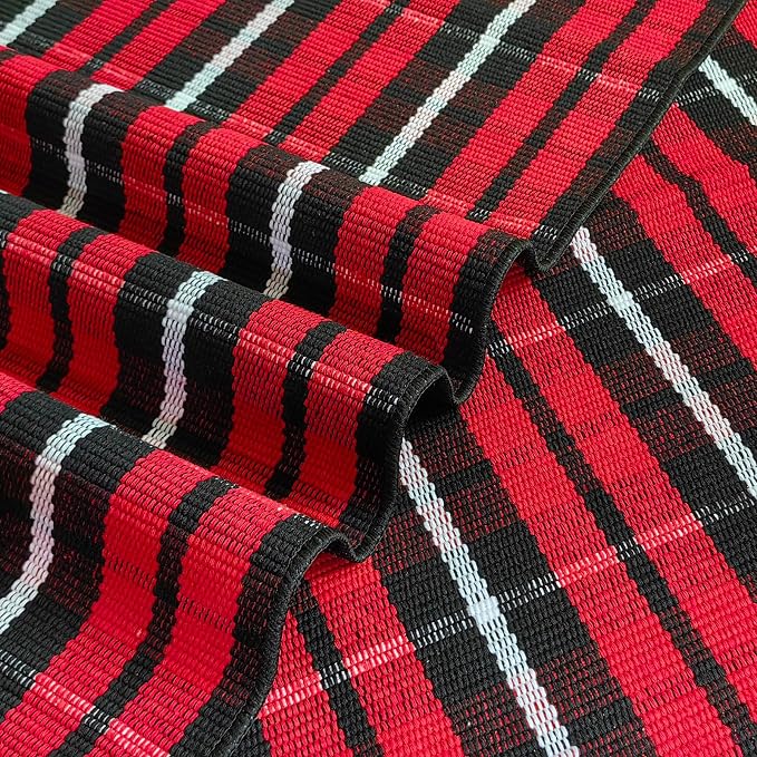 Christmas Plaid Outdoor Rug, 2'4" x 3'7" Red & Black Check Indoor/Outdoor Area Rug, Layering Rug for Hello/Welcome Door Mat, Machine Washable Cotton Woven Farmhouse Mat for Front Porch Décor