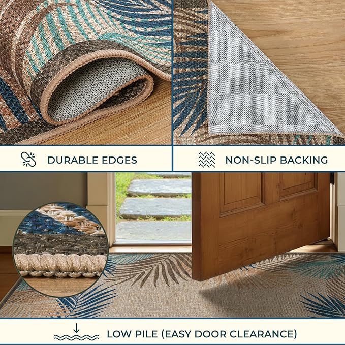 LIVEBOX Modern 3x5 Jute Outdoor Patio Rug, Washable Rugs for Entryway Porch, Tropical Leaf Boho Farmhouse Carpet, Non Slip Front Door Mat for Outdoor Indoor Entryway Guestroom Decor (Olive 3'x5')