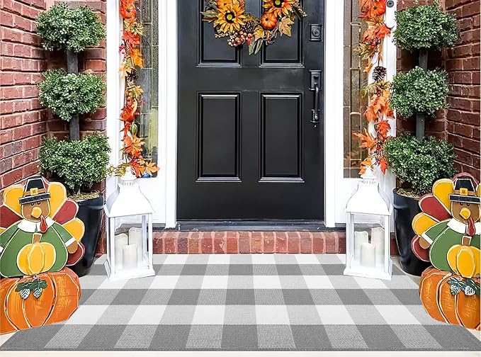 Grey and White Buffalo Plaid Rug 24''x 51''Checkered Outdoor Porch Rug Cotton Woven Machine Washable Farmhouse Mat for Indoor,Outdoor, Kitchen, Farmhouse, Entryway,Bathroom