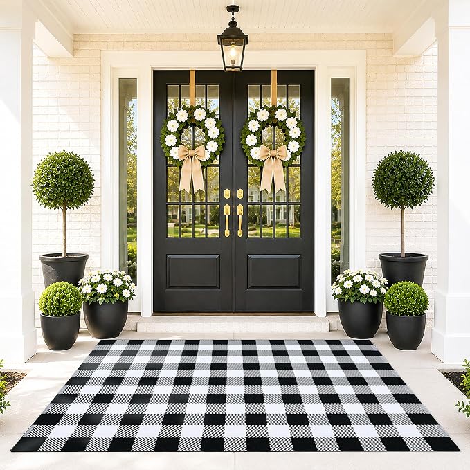 Black and White Buffalo Plaid Rug 4'x6', Machine Washable Layering Mat for Front Door, Entryway, Kitchen, Indoor Outdoor Low Profile Cotton Woven Check Rug