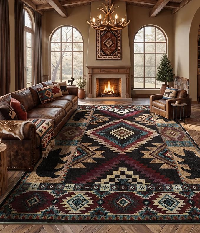 YIHOUSE Rustic Cabin Area Rug 9x12, Lodge Wildlife Bear Washable Large Area Rug, Southwestern Rustic Rugs for Living Room