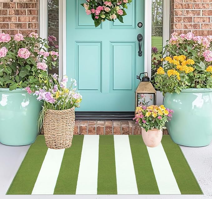 Green and White Layered Door Mats 2x3ft, Striped Outdoor Rug Cotton Woven Washable Farmhouse Small Area Rug for Entryway/Porch Decor/Kitchen/Home Entrance