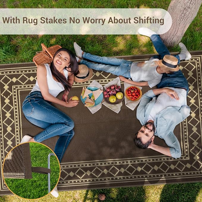 Waterproof Outdoor Rug – 9x12ft Reversible Plastic Straw Patio Carpet, Easy Clean, Non-Slip, Durable – Peony Brown/Coffee – Specification