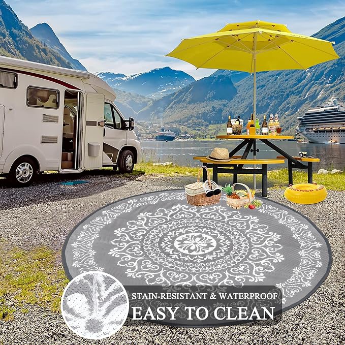 Pauwer Outdoor Rug 6ft, Waterproof Plastic Straw Camping Rug, Floral Grey | Reversible Patio Rug, UV Resistant Indoor Outdoor RV Mat Carpet For Deck, Camper, Porch, Balcony, Backyard, Picnic, Foldable