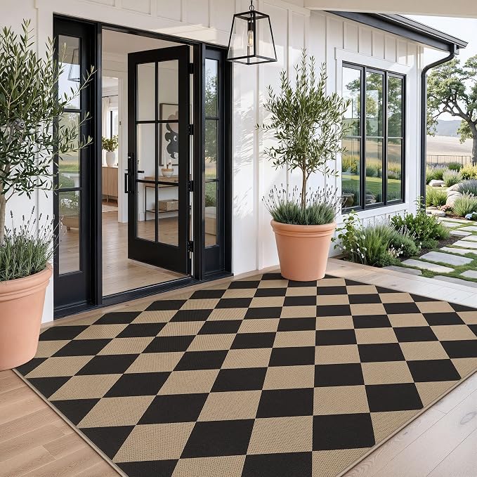 Tribesigns 5x7 Black Checkered Easy Jute Outdoor Patio Rugs for Backyard | Washable, Non-Slip Diamond Rug for Living Room, Porch, Dining Area, Camping, Rv and Indoor Outdoor Use, Includes 4 Rug Tapes