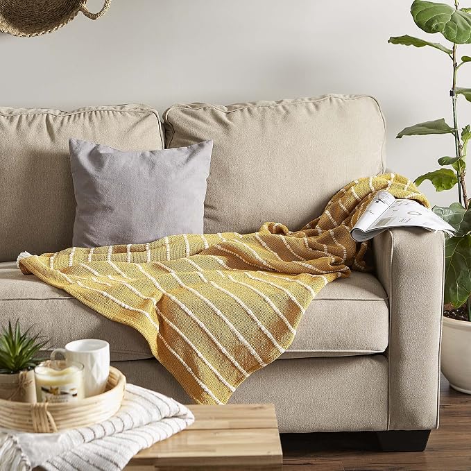 DII Striped Throw Collection Cotton Slub, Hand-Tied Tassels, 50x60, Honey Gold & Off-White