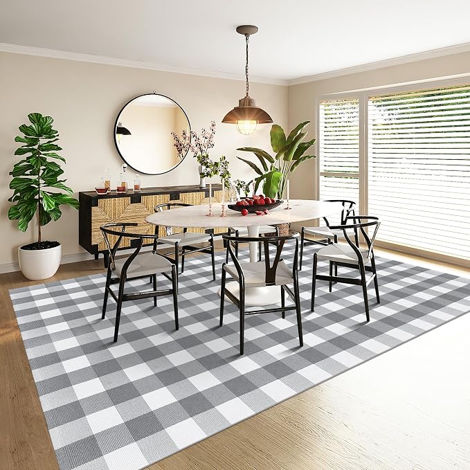 Buffalo Plaid Rug 6x9 Feet Buffalo Check Cotton Grey and White Checkered Rug Woven Washable Indoor Outdoor Area Rug Home Decor Carpet for Living Room Farmhouse Dining Bedroom Patio