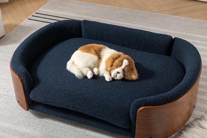 Scandinavian Style Elevated Dog Bed Pet Sofa with Solid Wood Legs and Bent Wood Back, Velvet Cushion, Large Size, Walnut Frame & Dark Blue Cushion