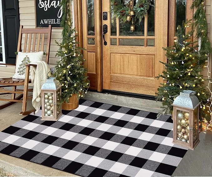 3'x 5' Outdoor Rug,Black and White Porch Rug Cotton Woven Washable Layered Doormat for Welcome Door Mat Porch Entryway Bedroom Living Room
