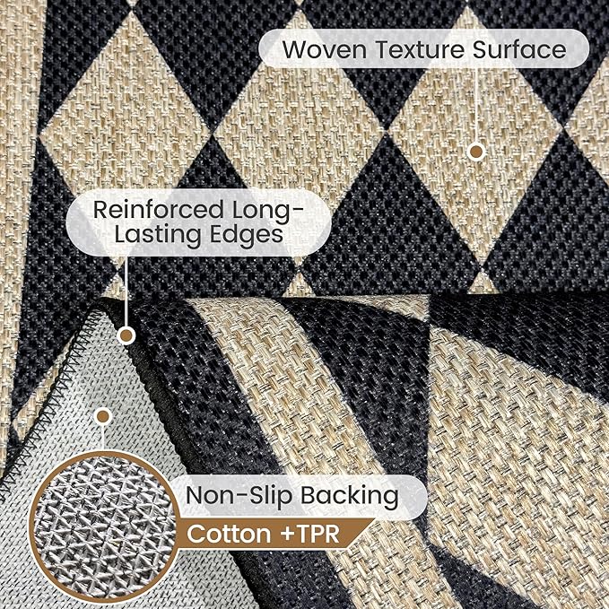 Washable Checkered Easy Jute Rug 9x12, Black Checkerboard Geometric Modern Outdoor Indoor Patio Large Rugs, Woven Thin Carpet Mat for Living Room Bedroom Classroom Nursery Play Room Backyard