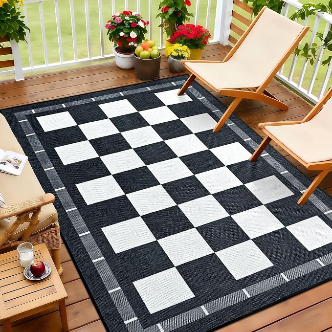 Vasofe 5x7 Jute Checkered Rugs, Washable Outdoor Patio Rug for Living Room | Indoor Carpet, Non-Slip Farmhouse Geometric Non Slip Area Rug for Backyard Dining Room Bedroom Balcony, Black and White
