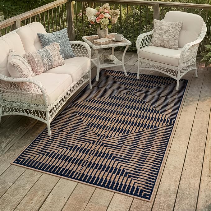 LIVEBOX Jute Look Area Rug 3x5 Indoor Front Door Mat, Washable Outdoor Porch Rugs Non Slip, Boho Geometric Striped Diamond Accent Rug for Entryway (Dark Blue Stripe)