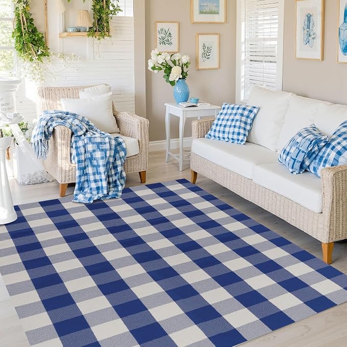 Buffalo Plaid Outdoor Rug 4x6 Ft Blue and White Checkered Area Rug Washable Indoor Outdoor Rugs for Entryway,Hallway, Kitchen, Living Room, Dining Room, Bedroom
