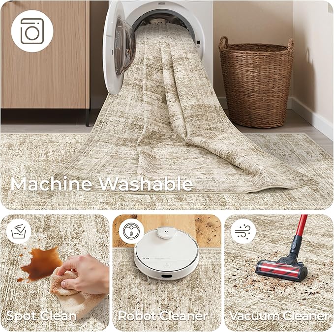 Rug Runners for Hallways Non Slip - 2x8 Runner Rug for Bedroom, Washable Runner with Rubber Backing, Soft Low-Pile Carpet for Kitchen, Laundry, Bathroom (2'x8', Brown/Ivory)