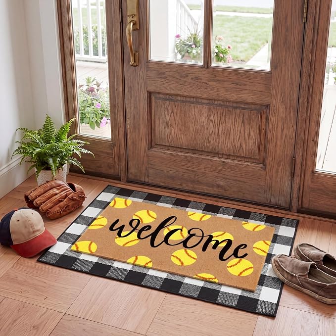 Tinideya 2 Pcs Softball Door Mat Welcome Non Slip Coir Mats Floor Layering Black and White Buffalo Plaid Doormats Seasonal for Front Porch Entryway Decor (23.6 x 35.4 Inches,Softball,Black, Brown)