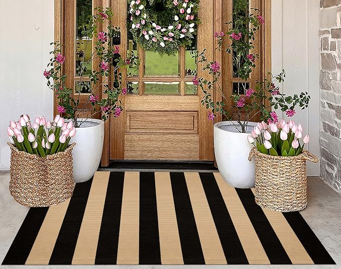 3'x5' Outdoor Rug, Black and Tan Washable Striped Porch Rug Cotton Woven Farmhouse Front Door Mats for Porch/Entryway/Home Entrance Decor/Bedroom/Laundry Room/Patio/Front Door