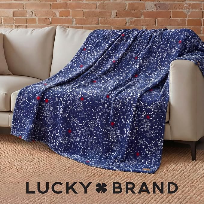 Lucky Brand 50" x 70" Plush Throw Blanket, Bandanny Blue/Red | Blanket for Sofa or Bed