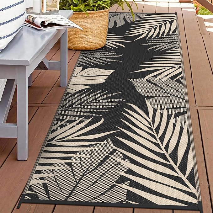 GENIMO Outdoor Rug, Waterproof Plastic Runner Rugs, 2.5'x8' Black Beige | Outside Leaf Carpet Mat for Patio Decor, Porch, Deck, Balcony, Camping, RV, Picnic, Beach, Reversible, Foldable, Lightweight