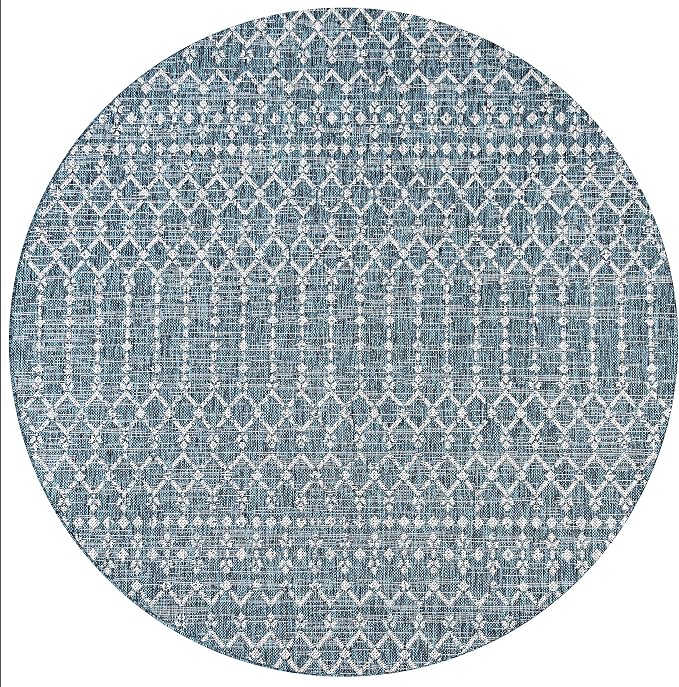 JONATHAN Y Moroccan Geometric Indoor Outdoor Round Area Rug 3 Ft Teal/Gray, Ourika Textured Weave for Backyard, Patio, Porch, Easy-Cleaning, High Traffic, Pet-Friendly, Non-Shedding (SMB108C-3R)