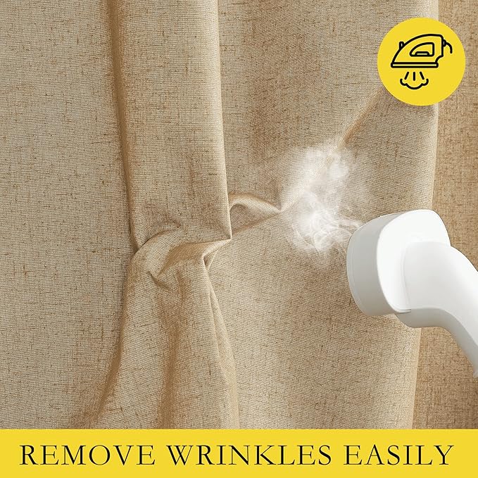 NICETOWN 100% Absolutely Blackout Linen Curtains with Thermal Insulated White Liner, Camel, W52 x L84, 2 Panels, Long Curtains 84 inch Length for Patio Door, Doorway, Office, Overnight Shiftworker
