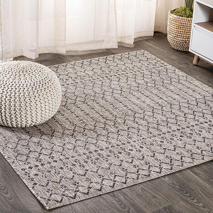 JONATHAN Y Moroccan Geometric Indoor Outdoor Square Area Rug 3X3 Natural/Black, Ourika Textured Weave for Backyard, Patio, Porch, Easy-Cleaning, High Traffic Pet-Friendly, Non-Shedding SMB108D-3SQ