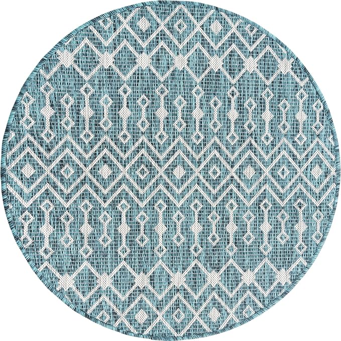 Unique Loom Outdoor Trellis Collection Area Rug - Tribal Trellis (3' 3" Round, Teal/ Ivory)