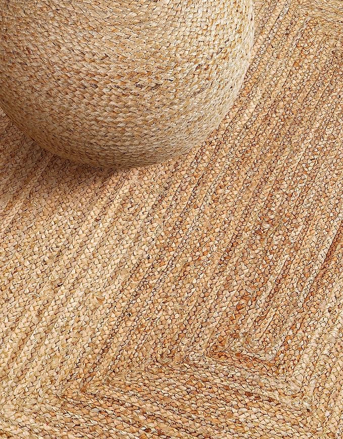 Hand Woven Farmhouse Jute Area Rug 5x8 Ft Rectuangler Natural Yarn, Rustic Vintage Beige Braided Reversible Rug, Eco Friendly Rugs for Bedroom, Kitchen, Living Room, Farmhouse 100% Jute Rug - Natural