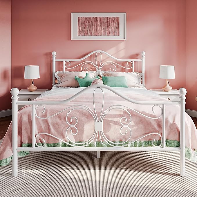 SHA CERLIN Queen Size Metal Bed Frame with Butterfly Headboard, White | Metal Platform Bed for Kids, Wrought Iron-Art Headboard/Footboard, Under-Bed Storage, No Box Spring Needed, Easy Assembly