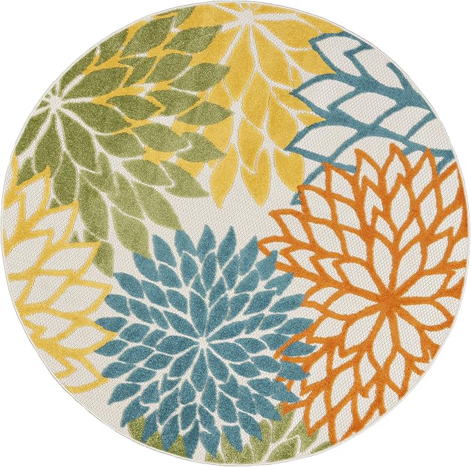 Nourison Home Aloha Turquoise Multicolor 4' x Round Area Rug - Easy Clean, Non Shedding, Bed Room, Living Room, Dining Room, Kitchen (4' x Round)
