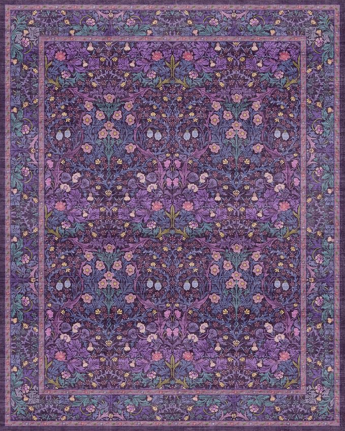 Hazo Haus Dark Purple Living Room Rug 8x10, Vintage Violet Floral Area Rugs for Bedroom, Washable Dining Room Under Kitchen Table, Oriental Low Pile Stain Resistant Large Plum Indoor Decor