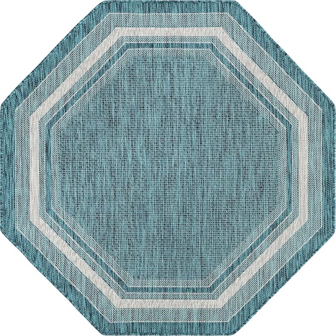 Unique Loom Outdoor Border Collection Area Rug - Soft Border (5' 1" Octagon, Teal/ Ivory)
