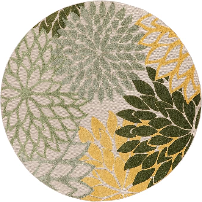 Nourison Home Aloha Indoor/Outdoor Green Multicolor 7'10" x Round Area Rug, Easy-Cleaning, Non Shedding, Bed Room, Living Room, Dining Room, Backyard, Patio, Deck (8 Round)