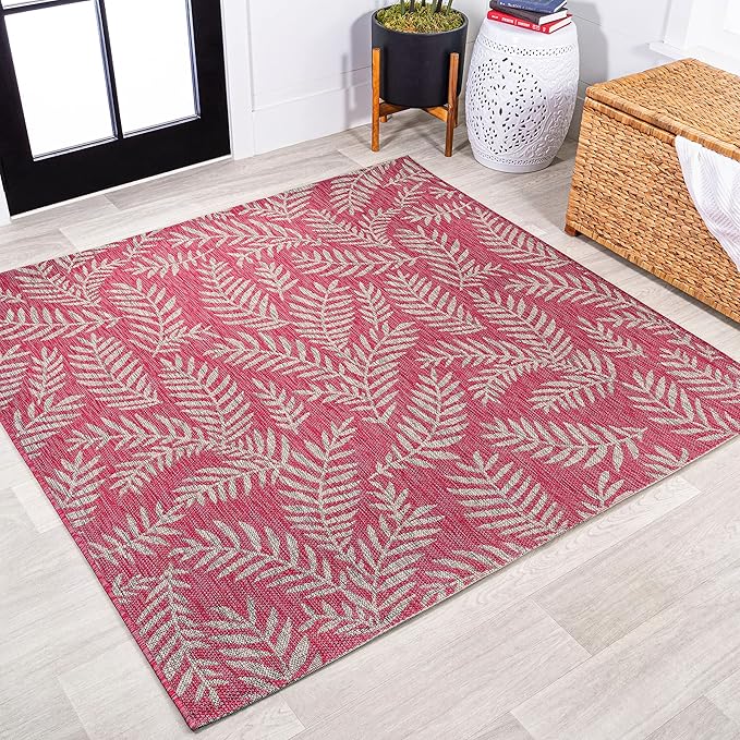 JONATHAN Y Palm Frond Indoor Outdoor Square Area Rug 5X5 Fuchsia/Light Gray, Nevis for Backyard, Patio, Porch, Easy-Cleaning, High Traffic, Pet-Friendly, Non-Shedding (SMB119F-5SQ)